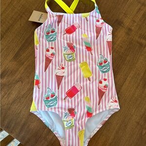 NWT 5-6yr Mini Boden Cross Back Printed Swim Pink and Yellow Striped Ice Cream